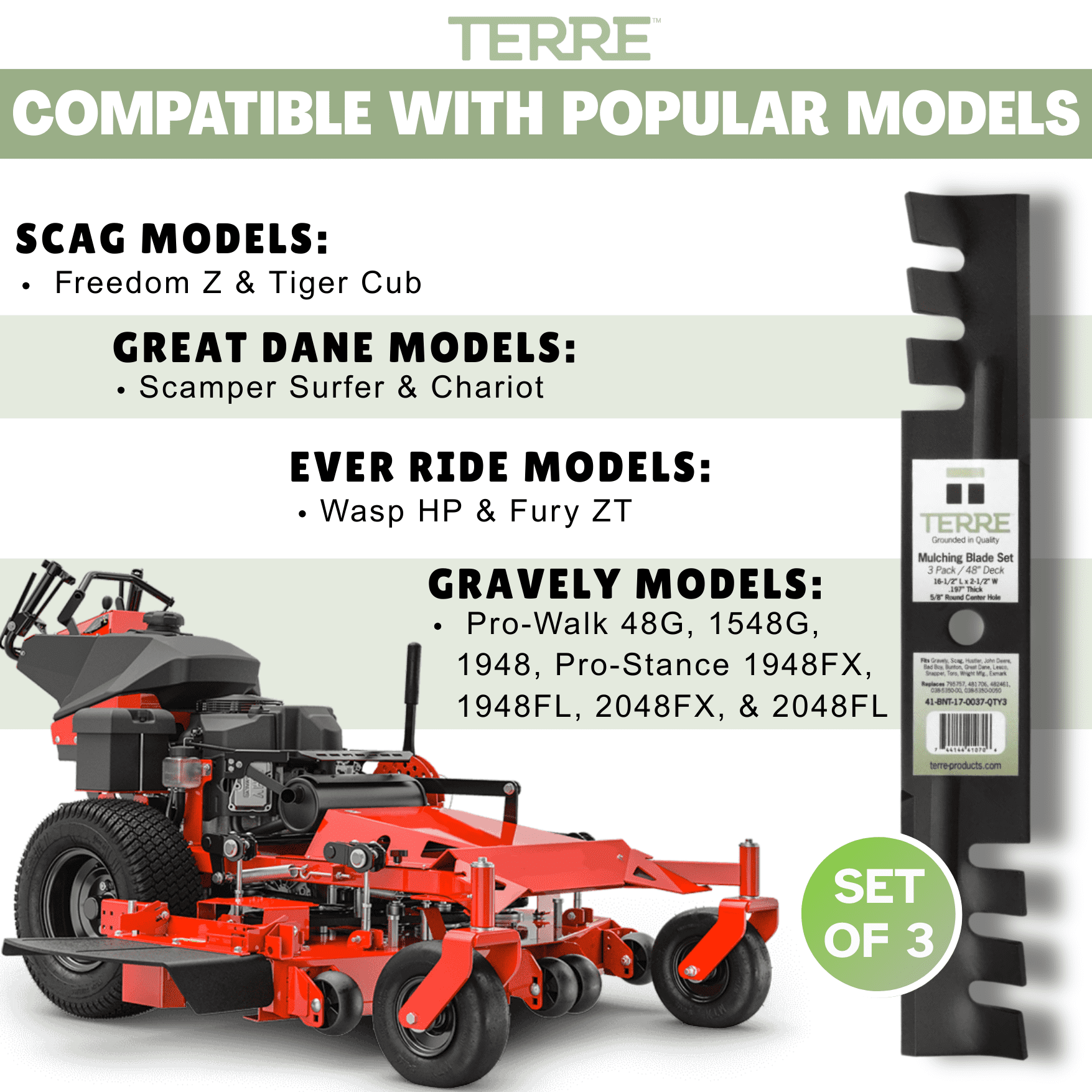 Terre Products 48-Inch Mulching Lawn Mower Blades for Gravely, Scag, Hustler, John Deere
