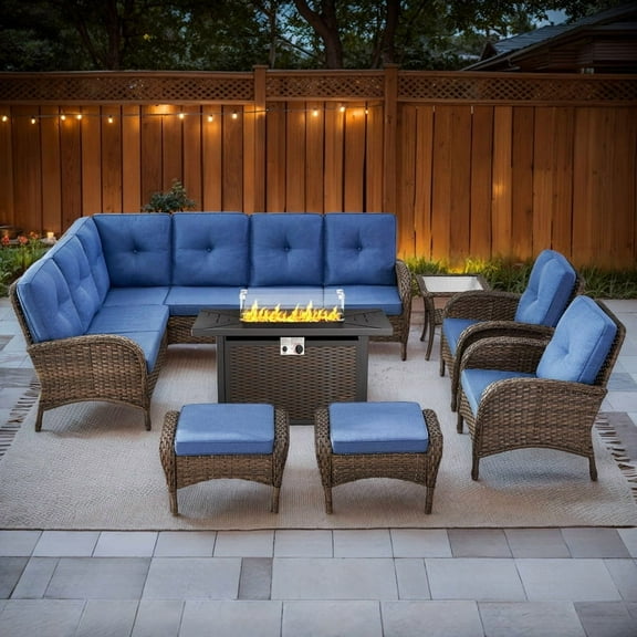 PARKWELL 8-Piece Outdoor Sectional Furniture Set with Fire Pit Table,Patio Wicker L Shaped Couch High Back Conversation Set with Armchair for Garden Yard,Brown Wicker Navy Cushion