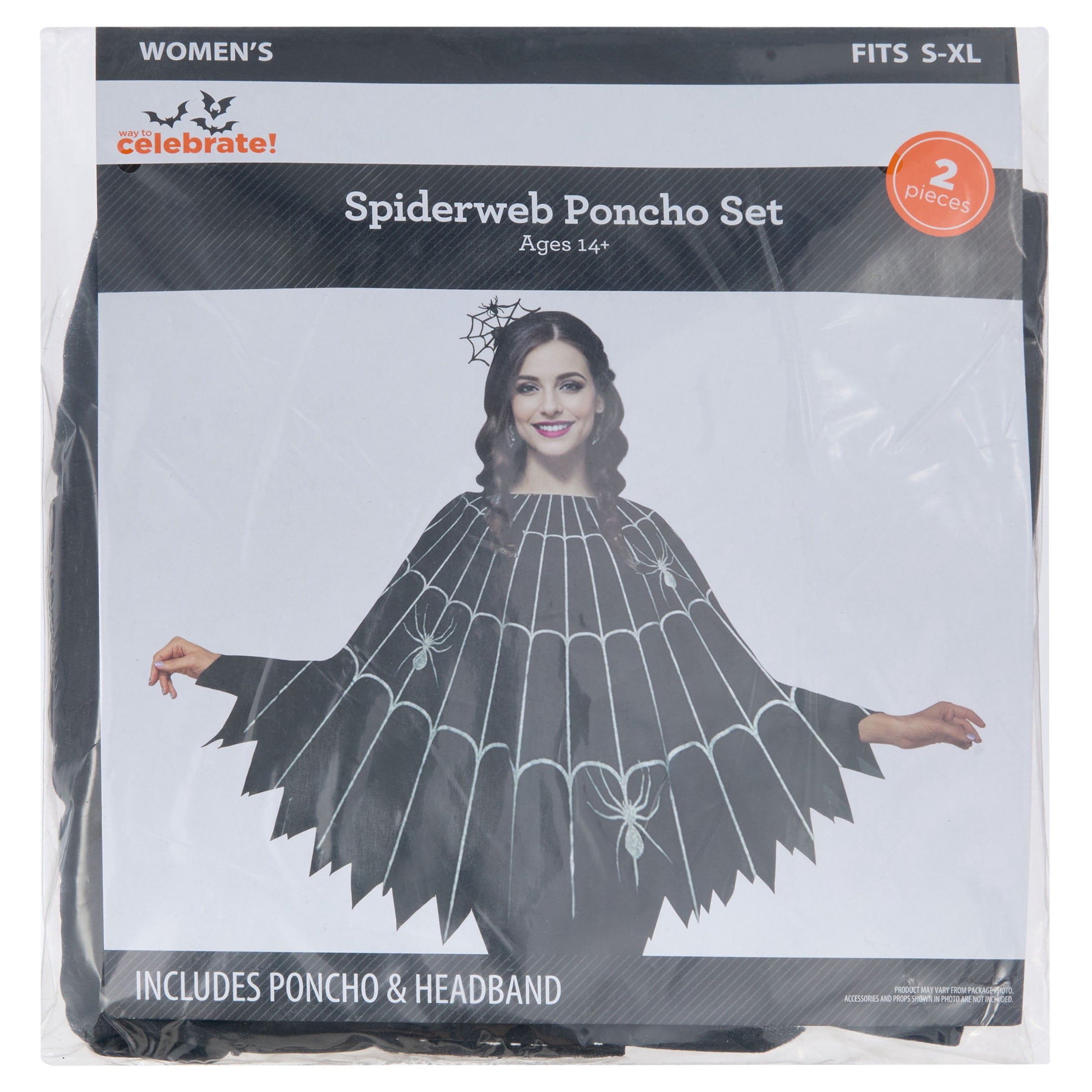 Spiderweb Poncho Costume Accessory Set for Adults, Black and Silver, S-XL, 2 Pieces, Halloween by Way To Celebrate