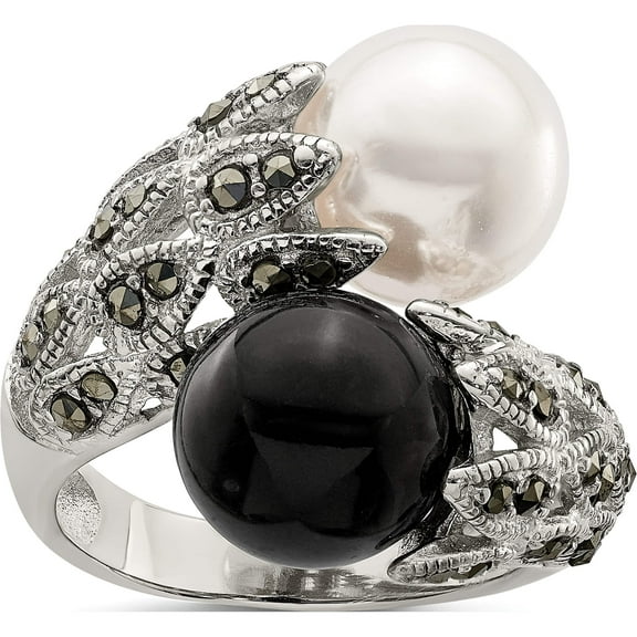Sterling Silver Rh Marcasite Black And White Plastic Imitation Pearl Ring (Size 6) Made In China qr2184-6
