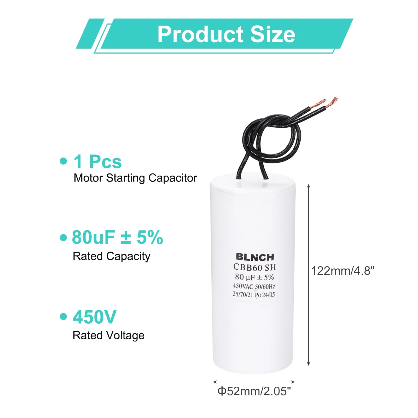 Uxcell CBB60 Running Capacitor, 80uF 450V 2 Wire Electric Air Compressor Motor Run Starting Capacitor for Washing Machine, Refrigerator, Air Conditioner, White