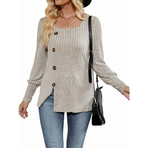 Womens Fall Tops Soft Square Neck Long Lantern Sleeve Deco Buttons Side Slit Sweater Tunic Shirt Grey S