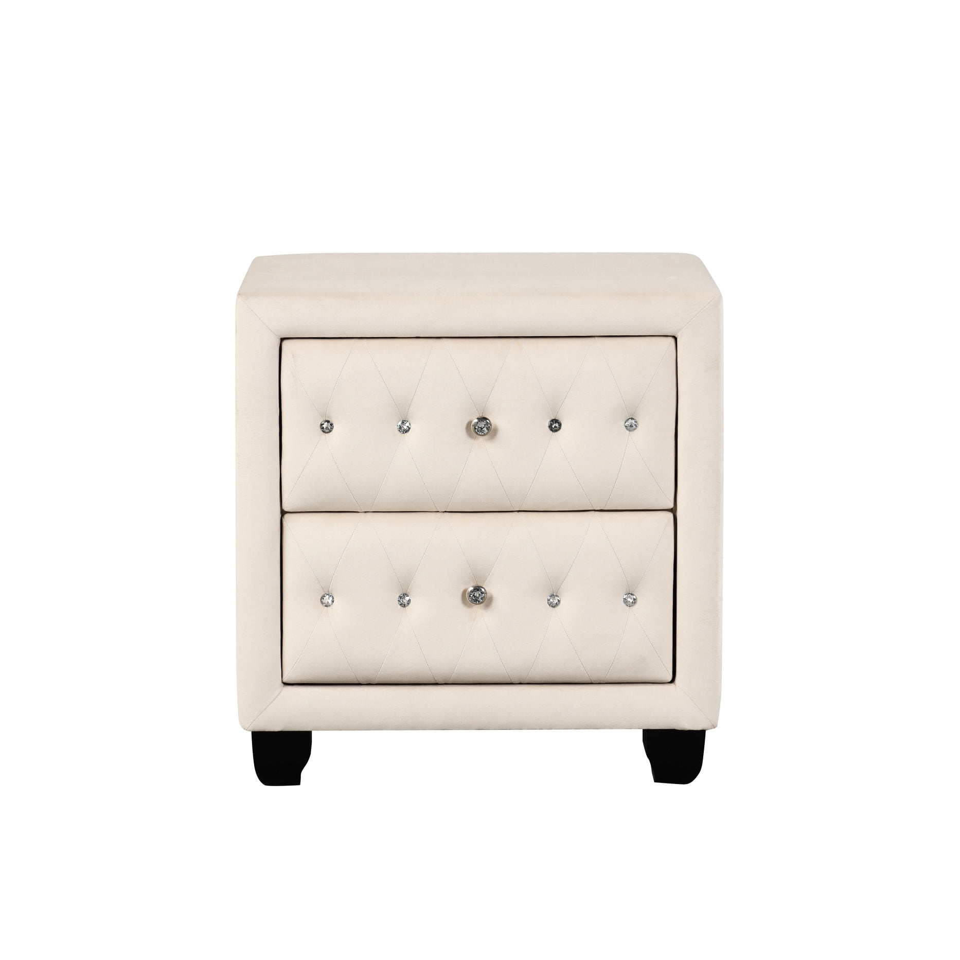 Modern Nightstand | Crystal - Accented Drawers for Bedroom | Wood - Made with Cream Velvet | Overcomes Limited Bedside Space