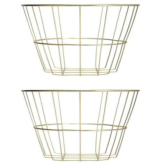 (2) Small Round Wire Gold Basket Without Handle, 4.75 in. Metal Storage Bowls Decorative Home Organizers for Kitchen Bathroom or Shelves