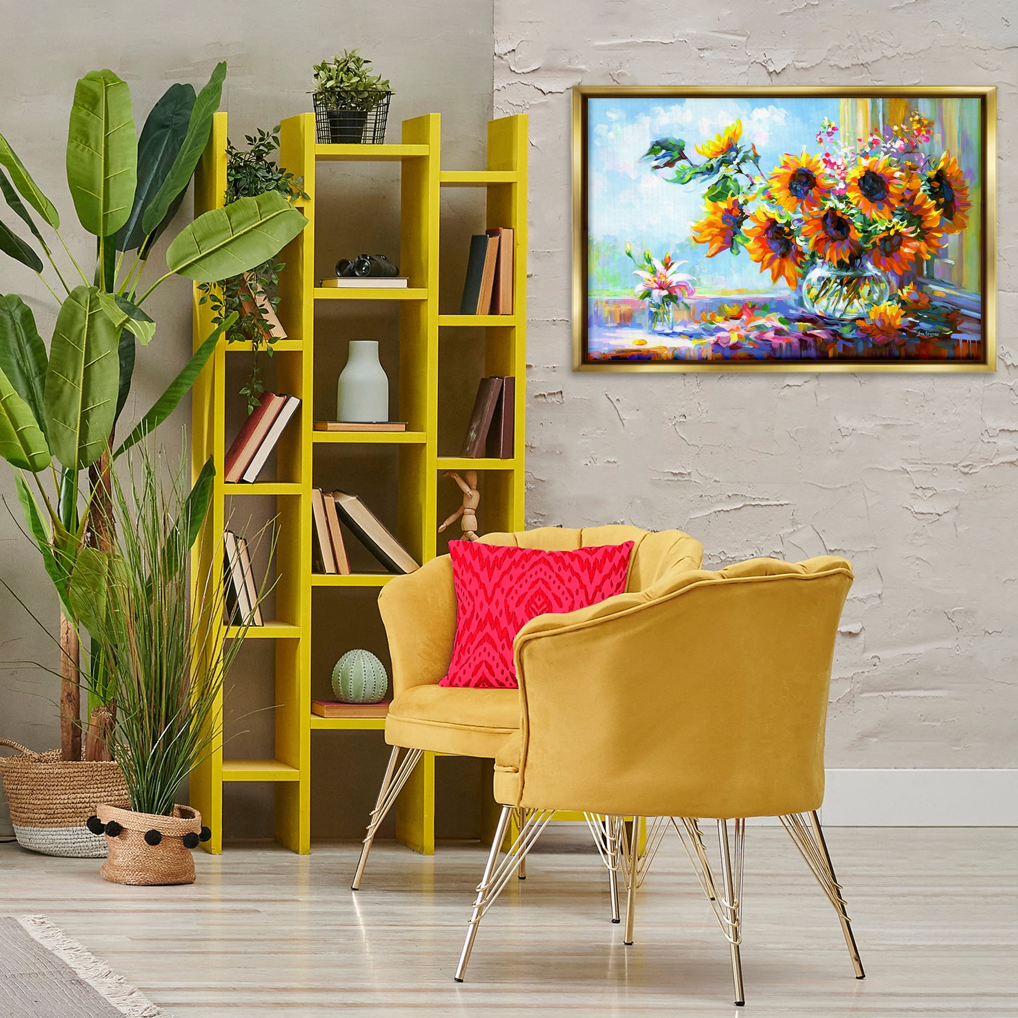 Stupell Industries Sunflowers Morning Glory Botanical & Floral Painting Gold Floater Framed Art Print Wall Art, 31 x 21