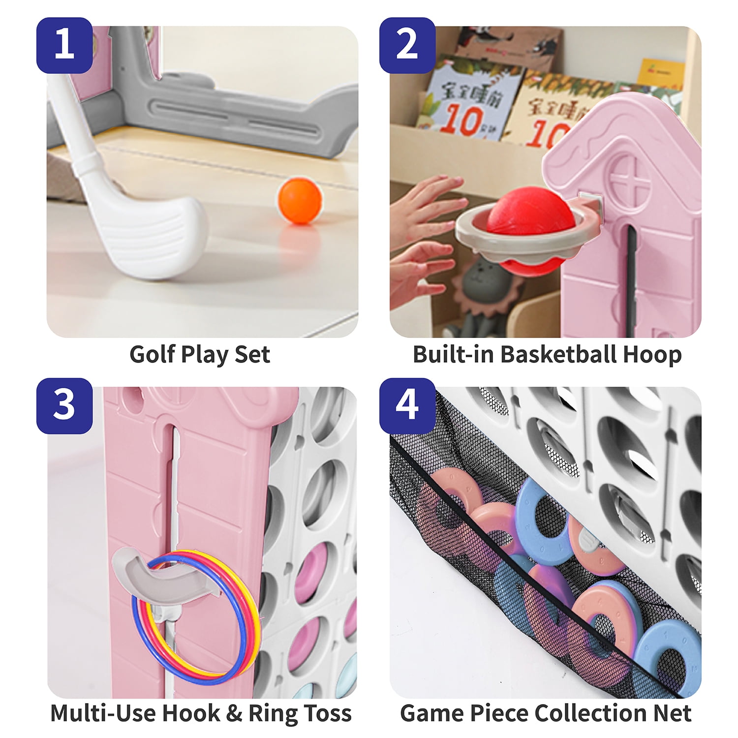 UNICOO Giant 4 in A Row Game with Carry Bag, Basketball Hoop, Ring Toss Game, 4-to-Score Game | Large Outdoor Yard Game, Parties & Gatherings Games (Pink & White)
