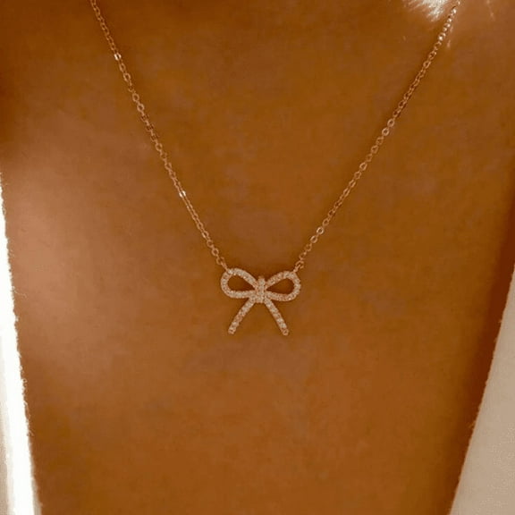 Women's Pretty Diamond Bow Pendant Necklace 14k Yellow Gold Plated