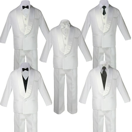 

5-7pc Boys White Satin Shawl Lapel Suits Tuxedo BLACK Satin Bow Necktie Vest Set