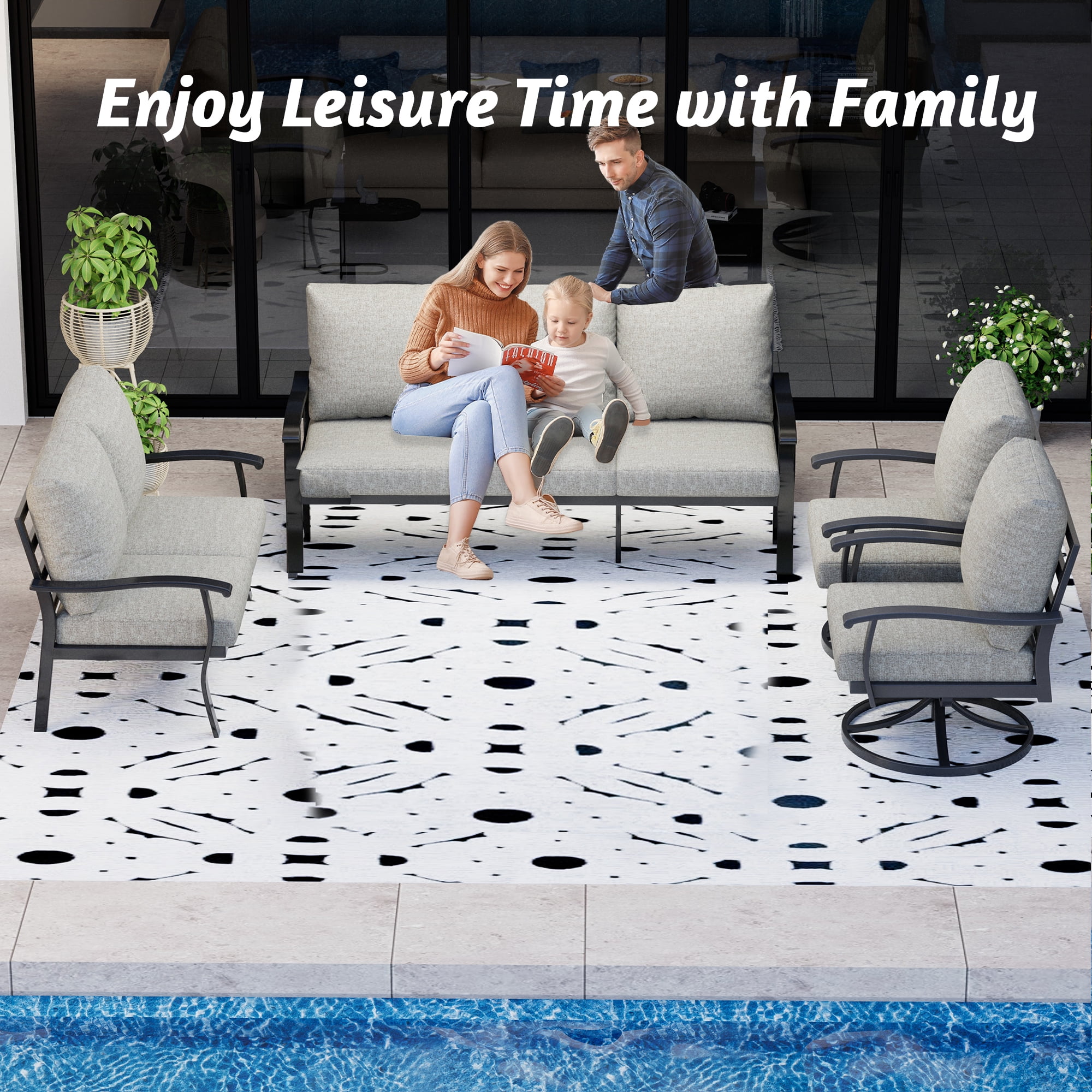 HOMREST Outdoor Furniture Thickened Cushion 360 Degree Swivel Rocking Patio Chairs and 3-Seat Sofa, Loveseat, Coffee Table, 5 PCS Metal Conversation Set for Garden, Deck and Poolside