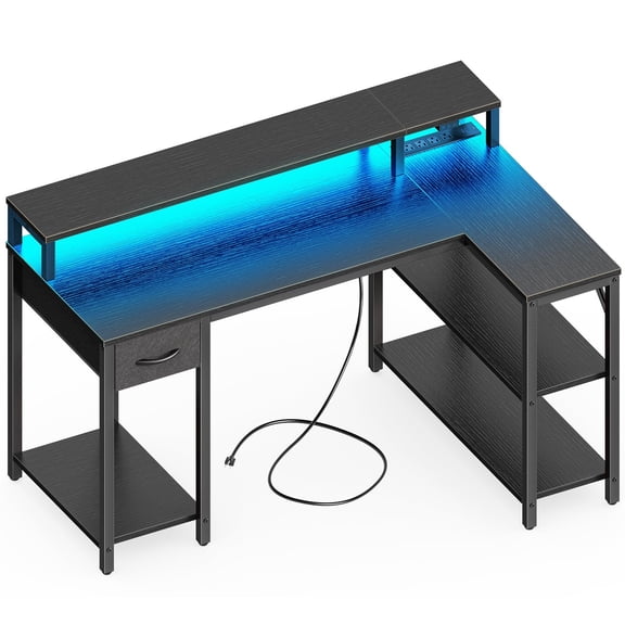 47 Inch L Shaped Gaming Desk, Black LED Computer Desk with Power
