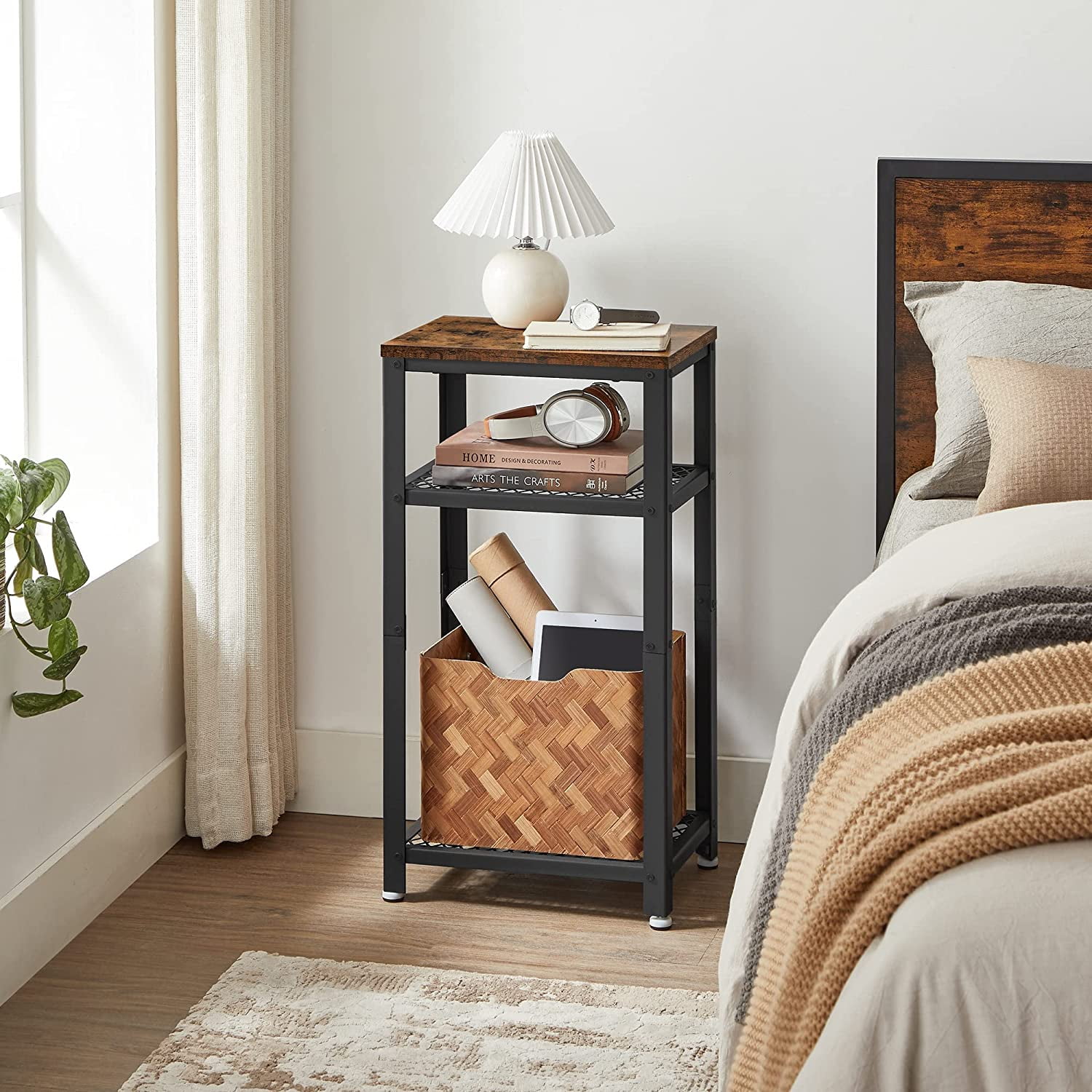 VASAGLE Tall Side Table, Telephone Table End Table with 2 Mesh Shelves for Living Room Bedroom Home Office