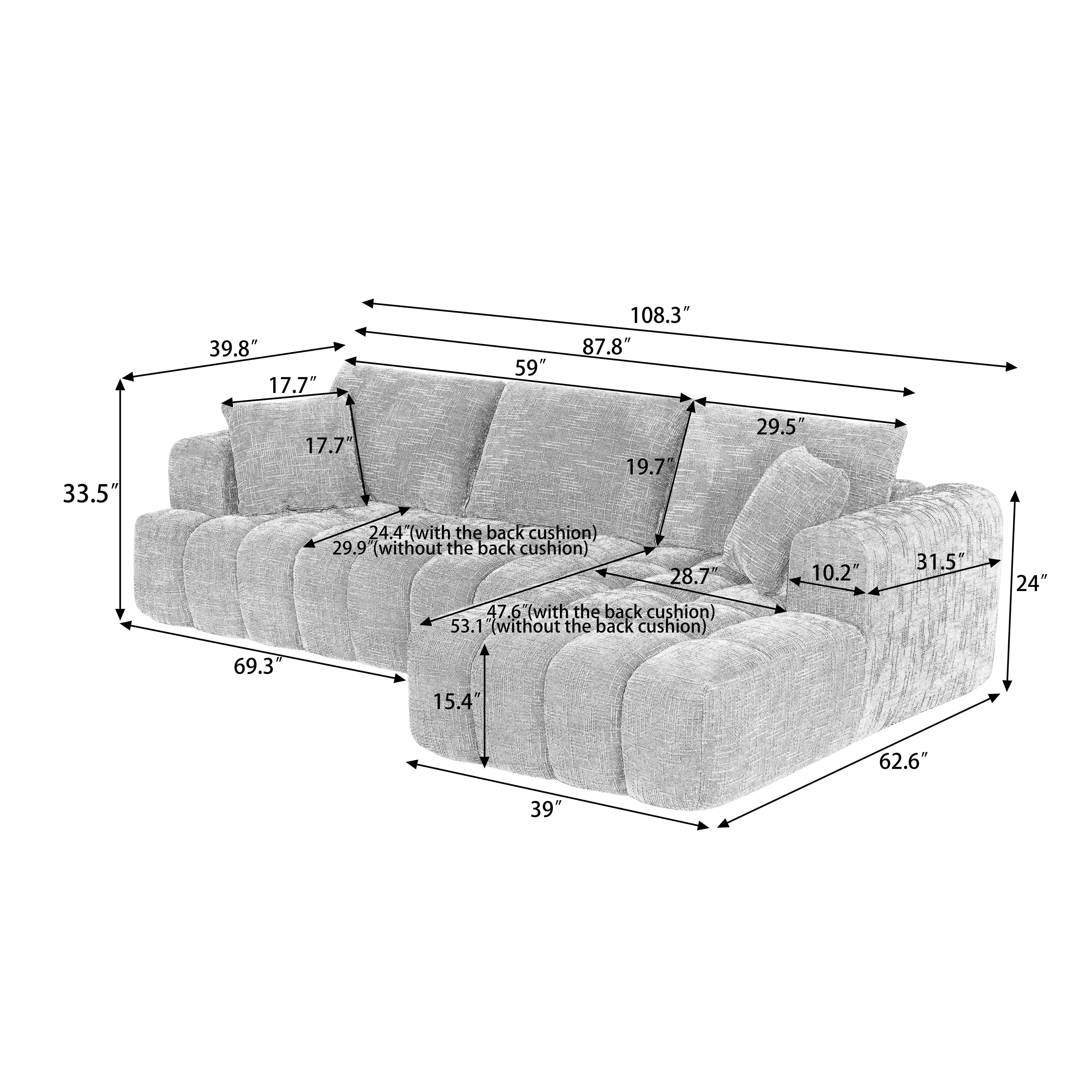 MAYEERTY Chenille L-Shape Oversized Sectional Sofa, Minimalist Luxury Sleeper Couch for Apartments, 108" W x 63" D x 34" H