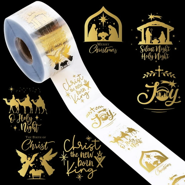 Rollo de pegatinas navideñas AnyDesign, 1000 unidades, lámina dorada, natividad