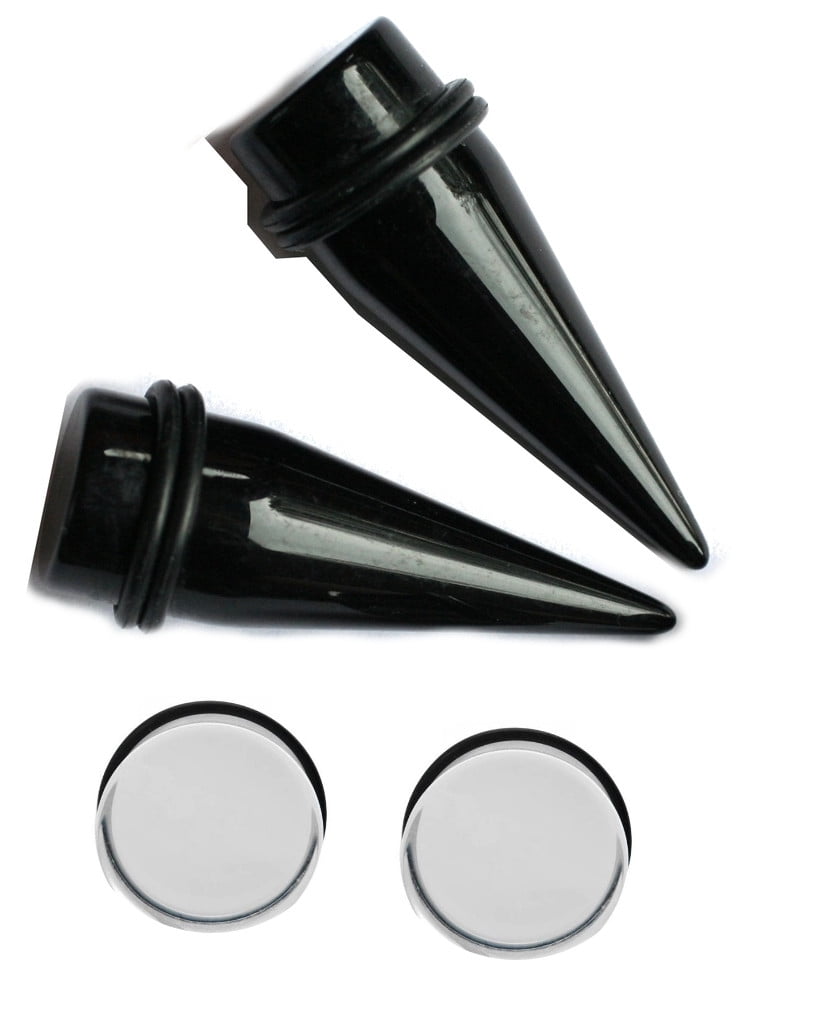 1 inch 25mm Pair Black Tapers Clear Plugs gauges ear stretching kit
