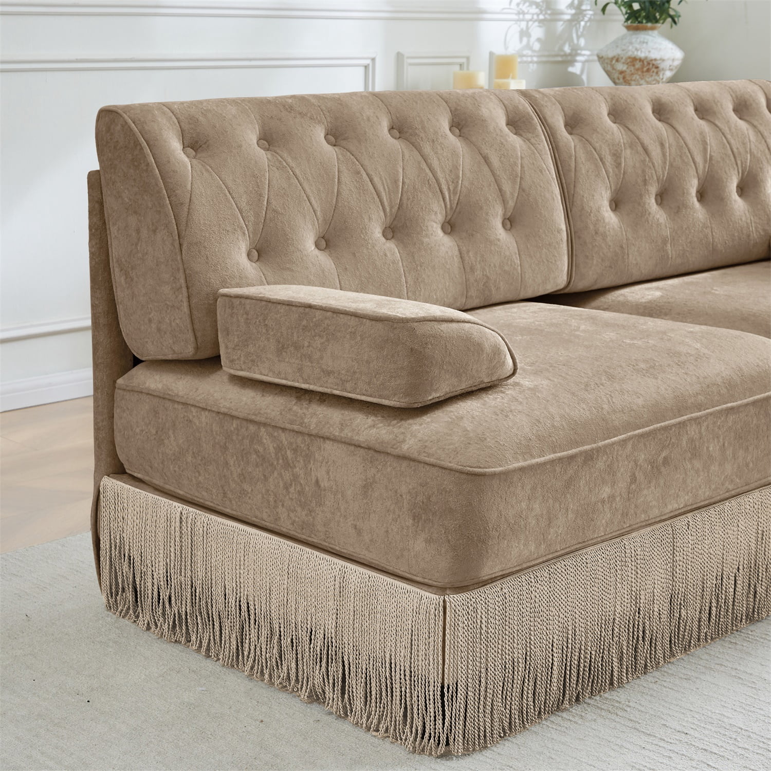 Hommoo Comfort Velvet Fabric Sofa with Left Arm, Button Tufted Design & Floor-grazing Tassel, Camel