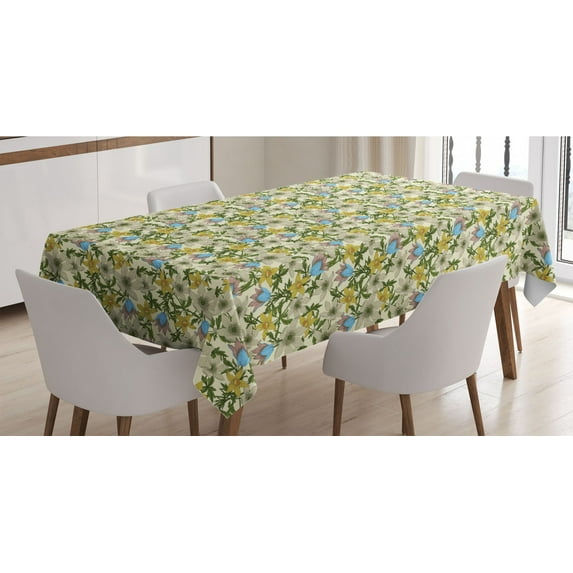 Floral Tablecloth, Flowers on a Cream Tone Background, Rectangle Satin Table Cover Accent for Dining Room and Kitchen, 60" X 90", Cream Multicolor, by Ambesonne