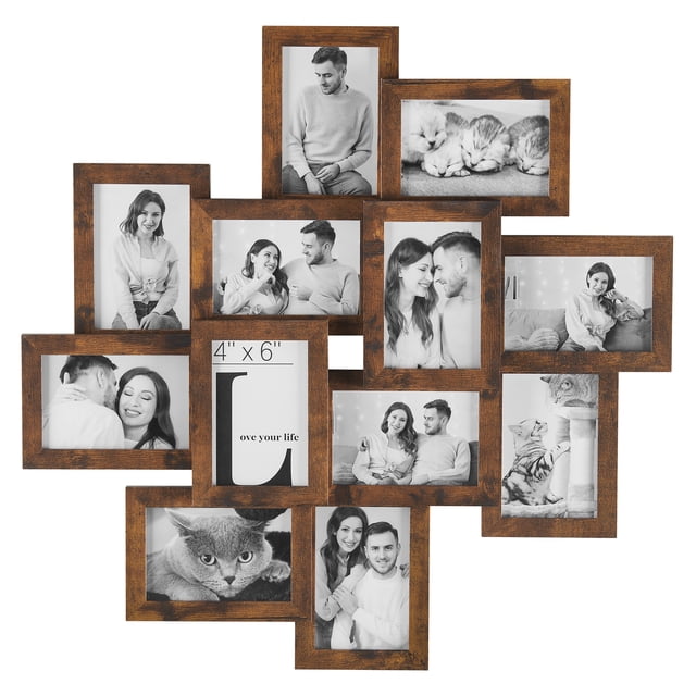 SONGMICS Marcos de fotos de collage de 4 x 6, paquete de 12 marcos de collage de fotos para decoración de pared, parte frontal de cristal, requiere montaje, marrón rústico