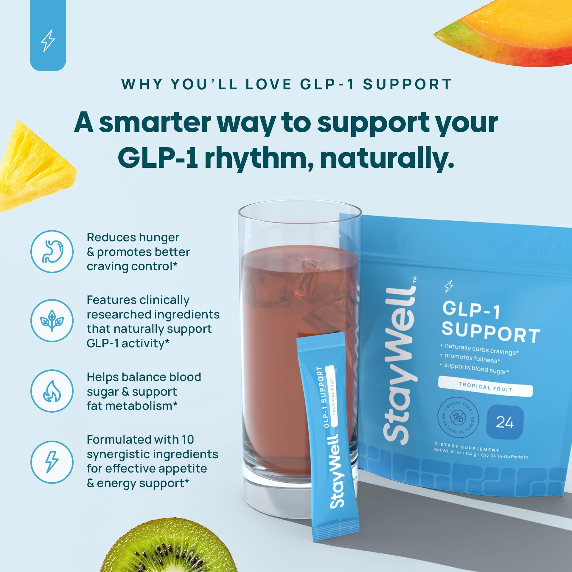 GLP-1 Supplement | Natural GLP-1 Production | GLP 1 Booster Drink Mix to Control Appetite and Cravings | Great Tasting Metabolic Support - Yerba Mate, Garcinia Cambogia, Berberine [Tropical Fruit]