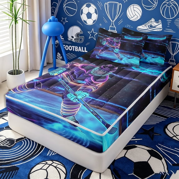 Erosebridal Neon Hockey Player Print Zipper Twin Comforter Sets with Fitted Sheet and 2 Pillowcases,Glow Skater Dark Rink Star Accent Zipper Bedding Set,Cyan Purple,4-Piece,Black Reversible