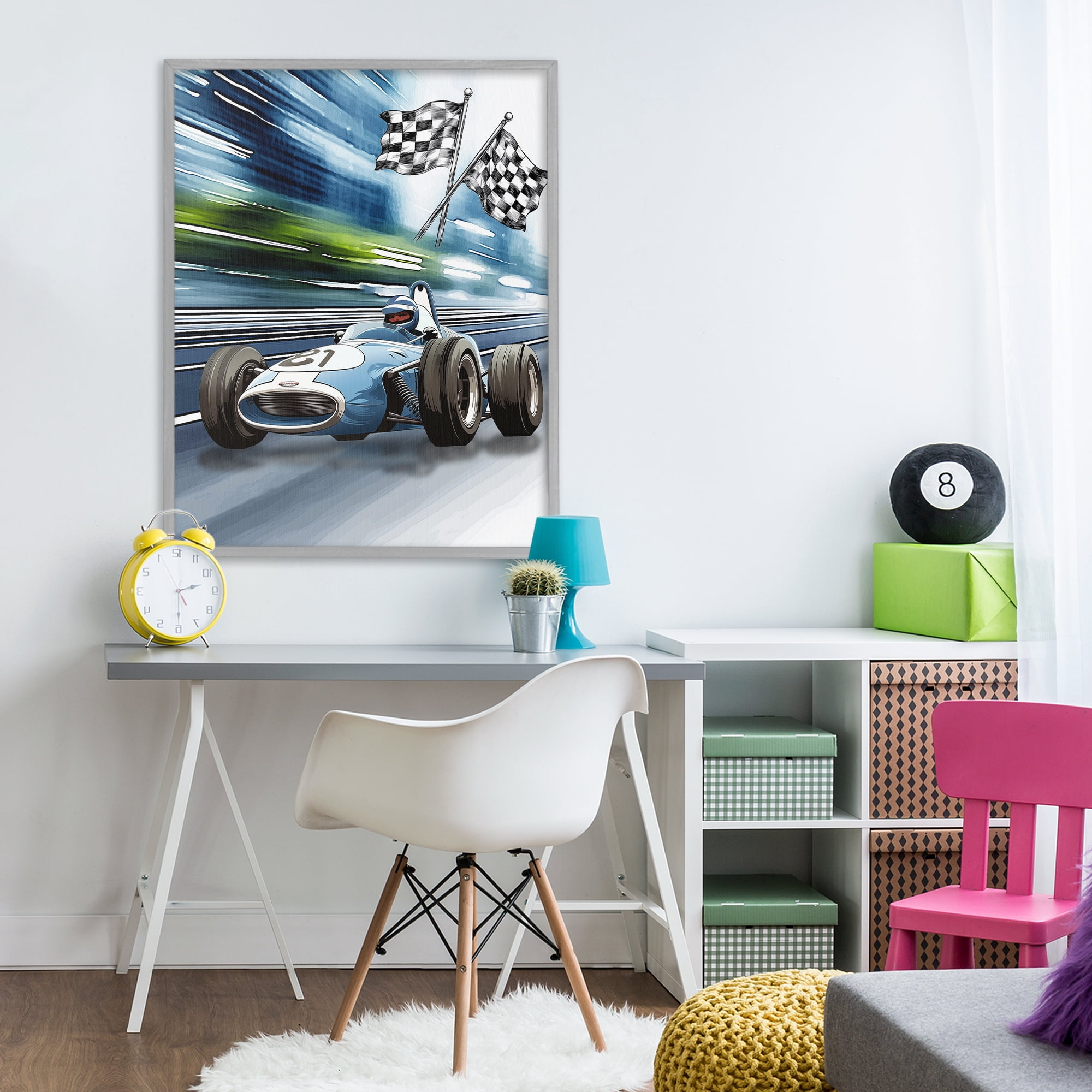 Stupell Industries Speedy Racecar with Flags Gray Framed Giclee Art, design by Christine Simpson Art