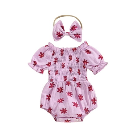 

Bslissey 3M 6M 12M 18M Baby Girls Summer Romper Short Puff Sleeve Floral Print Jumpsuit Infant Cute Smocked Bodysuit with Bow Headband Newborn Casual Daily Outfits