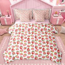 Homewish Sweet Strawberry 7 Pieces Bedding Comforter Set,Cute Cartoon Fruit Full Bedding Set,Red White Fitted Sheet Flat Sheet For Kids,Luxury Bedroom Decor Reversible