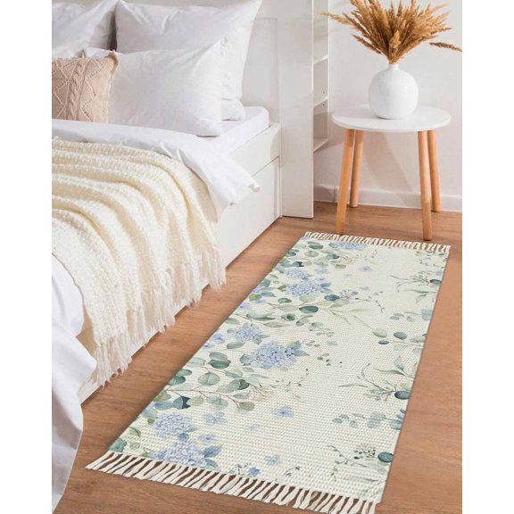 Eucalyptus Flower Hallway Runner Rug 2x6ft,Sage Green Leaf Blue Floral Watercolor Washable Woven Living Room Bedroom Kitchen Bathrom Carpet with Tassels,Indoor Outdoor Throw Door Mat for Entryway