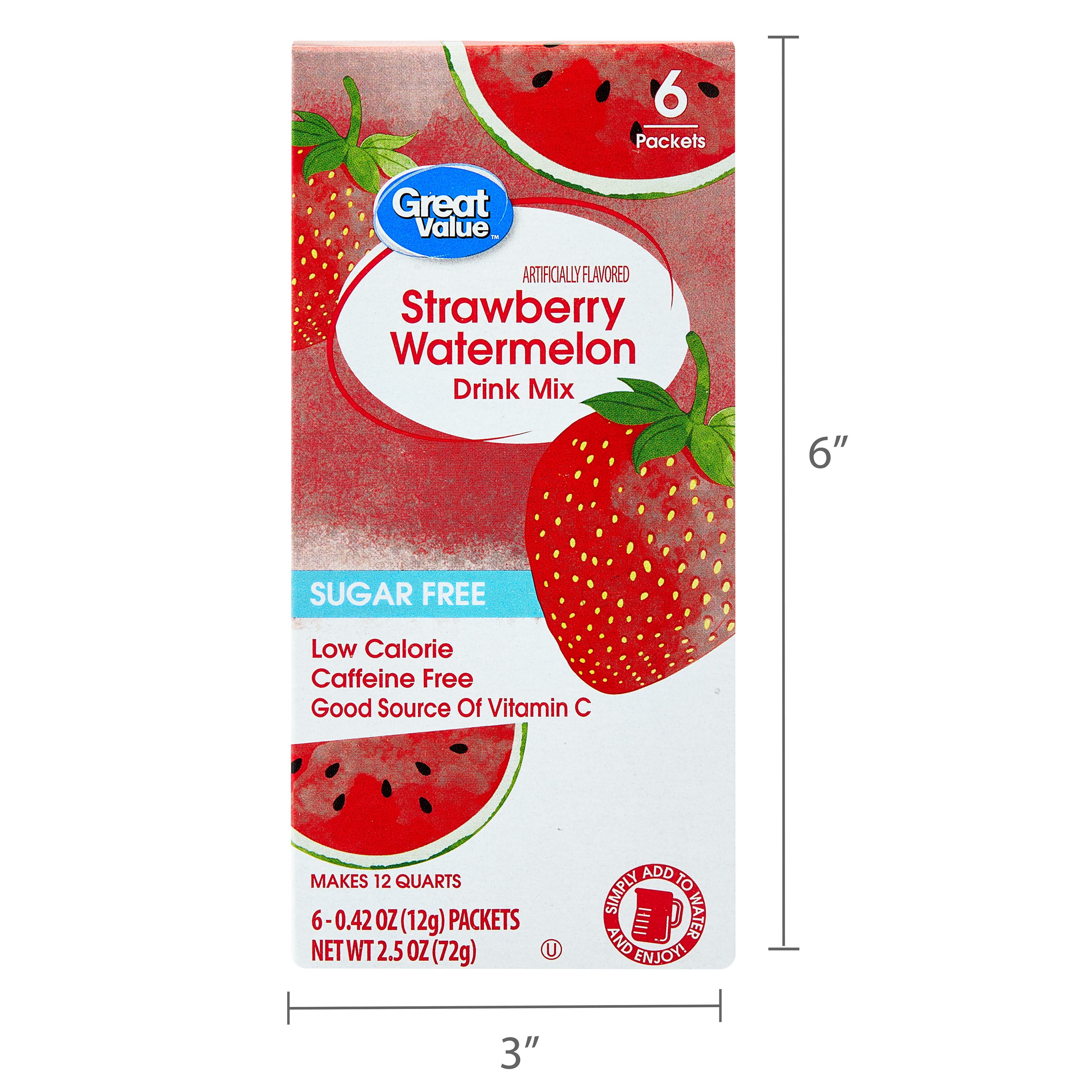 (12 pack) Great Value Sugar-Free Strawberry Watermelon Powdered Drink Mix, 0.42 oz, 6 Packets