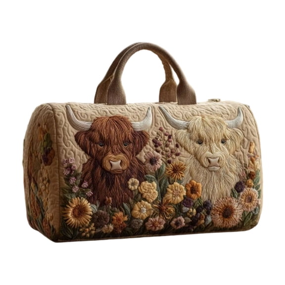 XINGXIANG Quilted Duffle Bag with Highland Cow Print, Bohemian Spacious Travel Gym Bag, Foldable Water-Resistant Tote with Multiple Pockets (Large(18"x9"x9"))