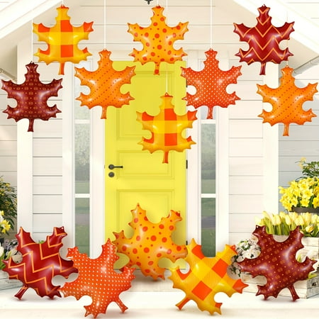 18pcs Thanksgiving Inflatable Maple Leaf Outdoor Decorations Autumn Maple Leaf Inflatable Hanging Ornaments Fall Blow Up PVC Inflatable Maple Leaf Ornaments For Harvest Party Supplies