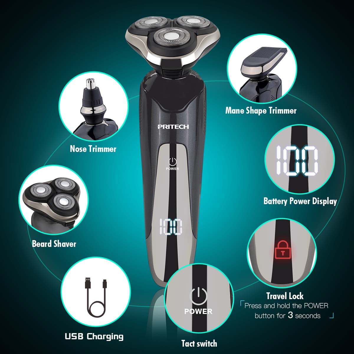 PRITECH Electric Razor for Men, Rechargeable Electric Shaver for Men, Waterproof Wet Dry Cordless Razor with Nose Hair Trimmer and Sideburns Trimmer(Black)