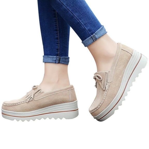 Lovskoo 2024 Women's Wedges Shoes Matsuke Shoes Thick Soles Sloping Heels Leather Rocking Casual Single Shoes Beige