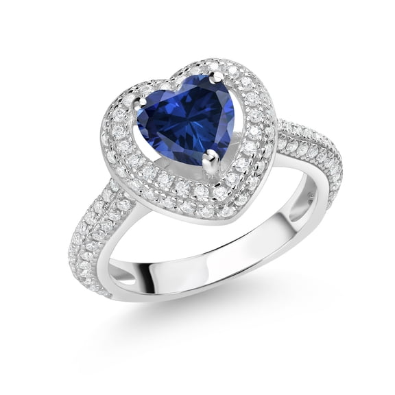 Gem Stone King 925 Sterling Silver Blue Created Sapphire and White Moissanite Heart Shape Ring for Women (1.42 Cttw, Size 8)