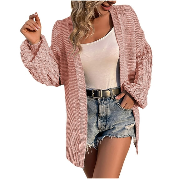 Women's Lantern Long Sleeve Open Front Knit Cardigan Sweater Coat Solid Color Casual Loose Comfy Long Fall Outwear