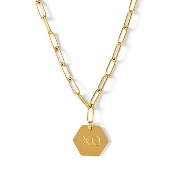 Chi Omega Necklace, 18k Gold Plated Paperclip Style Chain with Sorority Letters Pendant