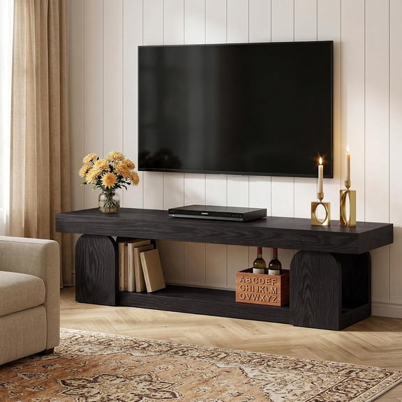 Finmind 63" TV Stand for TVs up to 65", Farmhouse Entertainment Center with Open Storage Shelf, Black