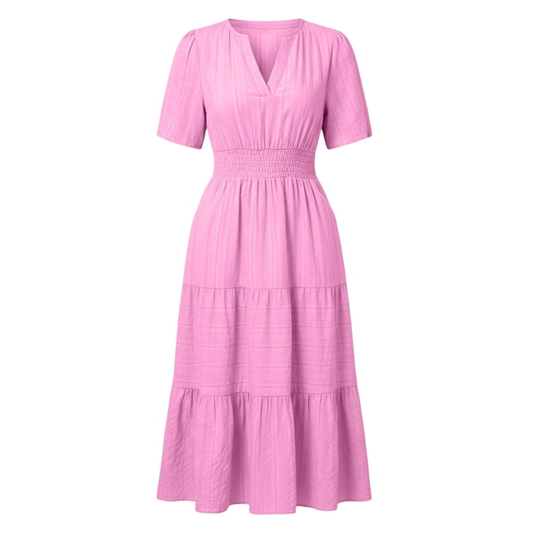 Qzwdhjm Tiered Linen Dress for Women Short Sleeve V Neck Midi Dress with  Elastic Waist and Pockets for Summer Beach Travel - Walmart.com