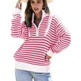thumbnail image 2 of Women Striped Half Zip Long Sleeve Ribbed Knit Pullover Comfy Casual Light-Weight Tops Fall Fashion Pink XL, 2 of 8