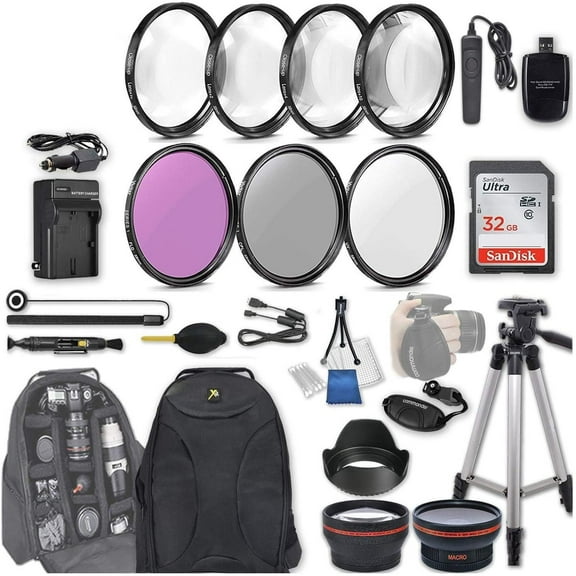 58mm 28 Pc Accessory Kit for Canon EOS Rebel SL2, 200D DSLR with 0.43x Wide Angle Lens, 2.2X Telephoto Lens, 32GB SD, Filter & Macro Kits, Backpack Case, and More