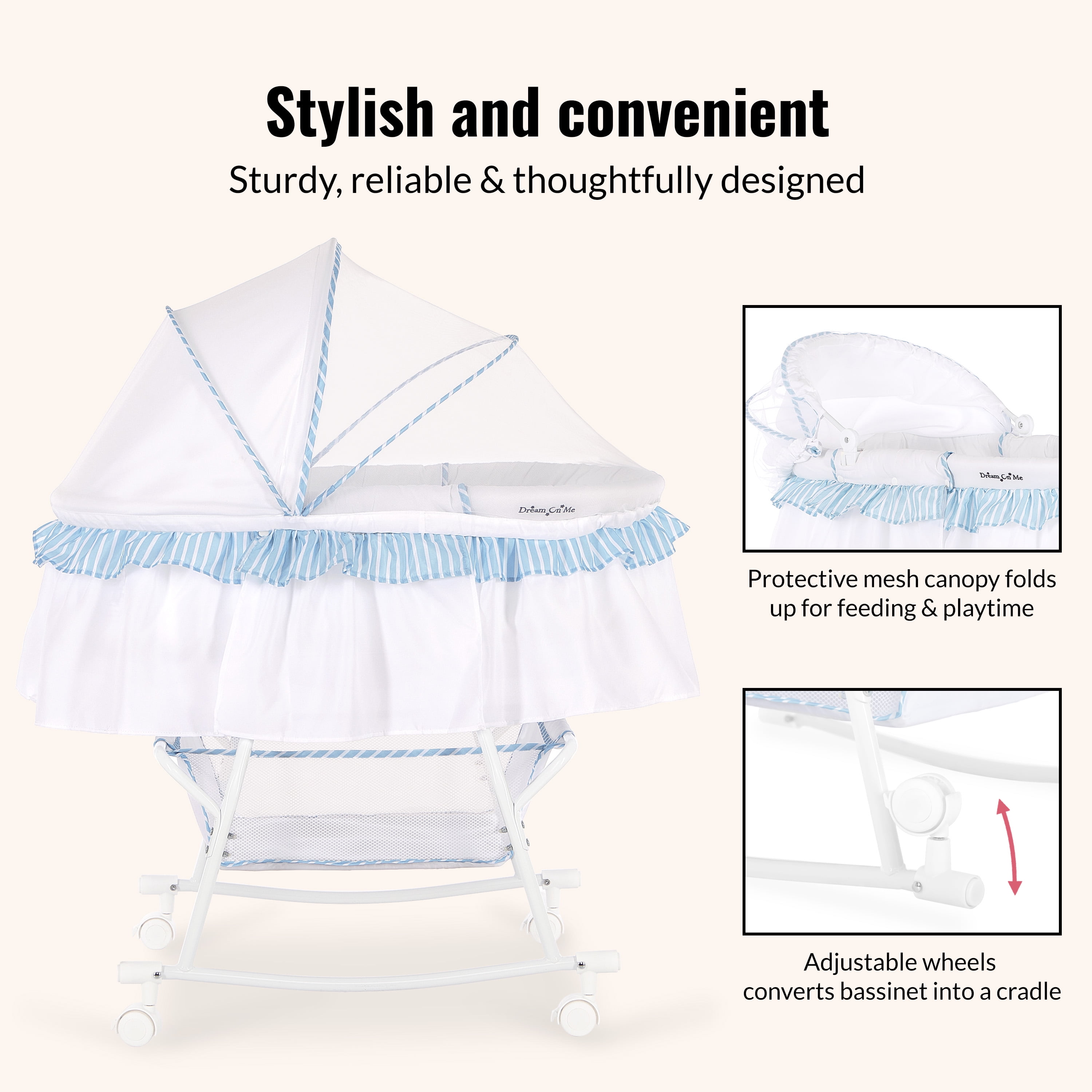 Dream On Me Lacy Portable 2-in-1 Bassinet & Cradle in Blue and White, Lightweight Baby Bassinet