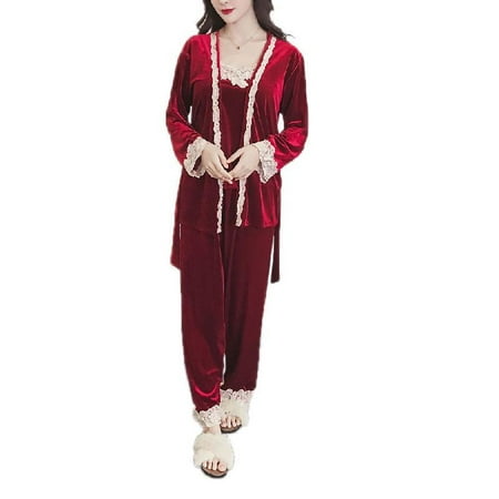 

3Piece Women Winter Warm Coral Velvet Pajamas Set Embroidered Floral Lace Patchw