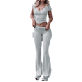 thumbnail image 2 of LYMAYTER Women's Casual Sets V-Neck Short Sleeve Top Foldover Flare Pants 2-Piece Outfit‌ S-XL, 2 of 9