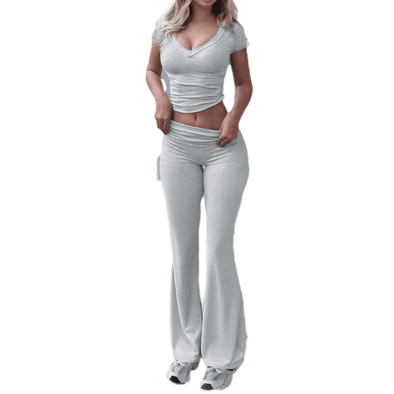 LYMAYTER Women's Casual Sets V-Neck Short Sleeve Top Foldover Flare Pants 2-Piece Outfit‌ S-XL