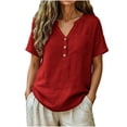 thumbnail image 3 of Spring And Summer Plus Size Shirts for Womens Cotton And Linen Fashion Imitation V-neck Short-sleeved Button-pocket Solid Color Top, 3 of 8