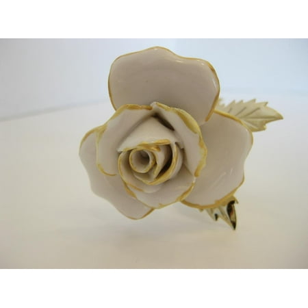 Paint Porcelain Jewelry - Sterling Gifts ITALIAN GOLD PLATED & PAINTED PORCELAIN WHITE GOLD LONG STEM ROSE FLOWER