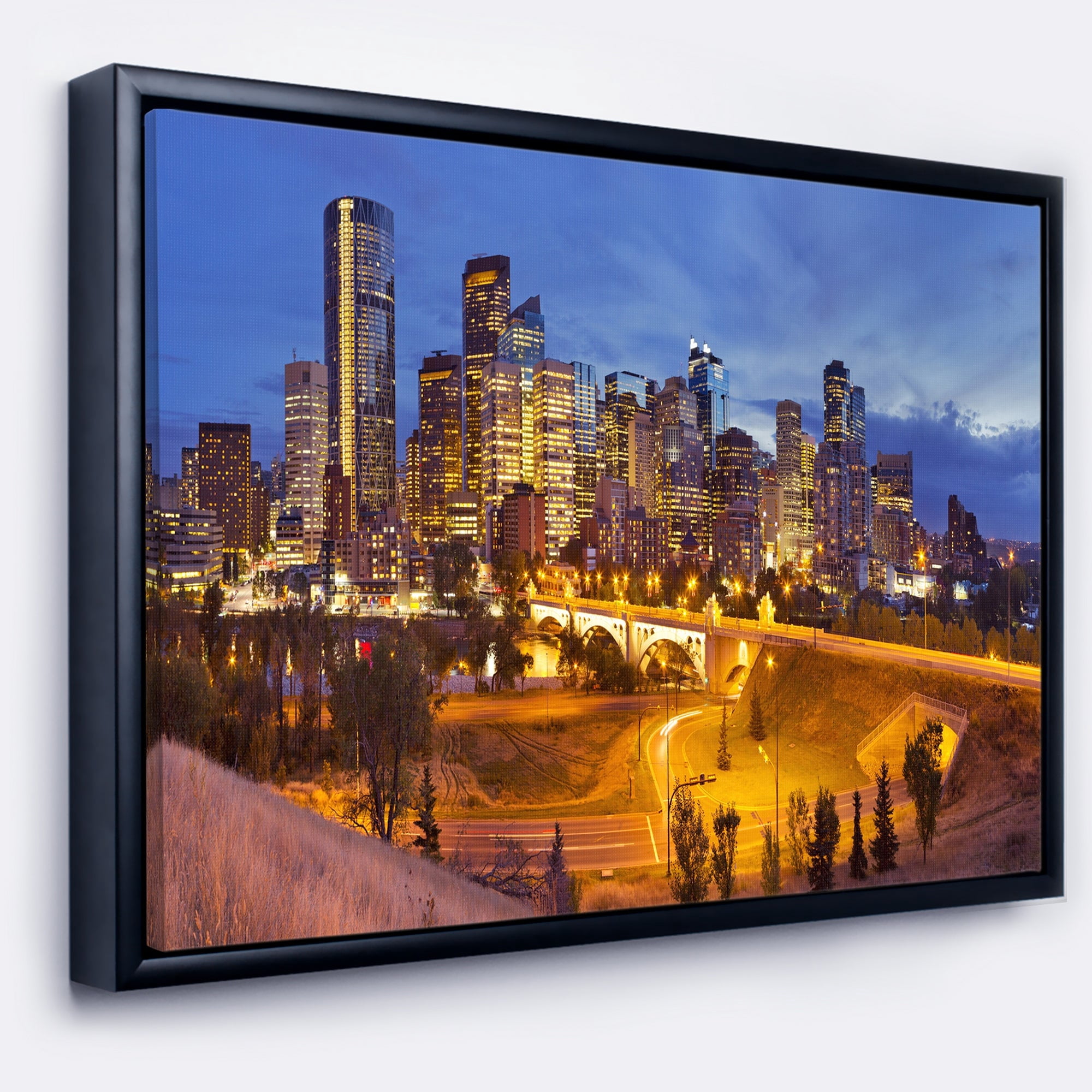 Design Art Skyline of Calgary at Night Panorama Framed Canvas Art Print