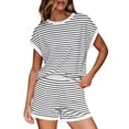 thumbnail image 2 of Mifsaly Womens Striped Lounge Set Short Sleeve Crewneck Top and High Waisted Casual Shorts with Pockets Everyday Wear Summer Vacation Outfits White,XL, 2 of 9