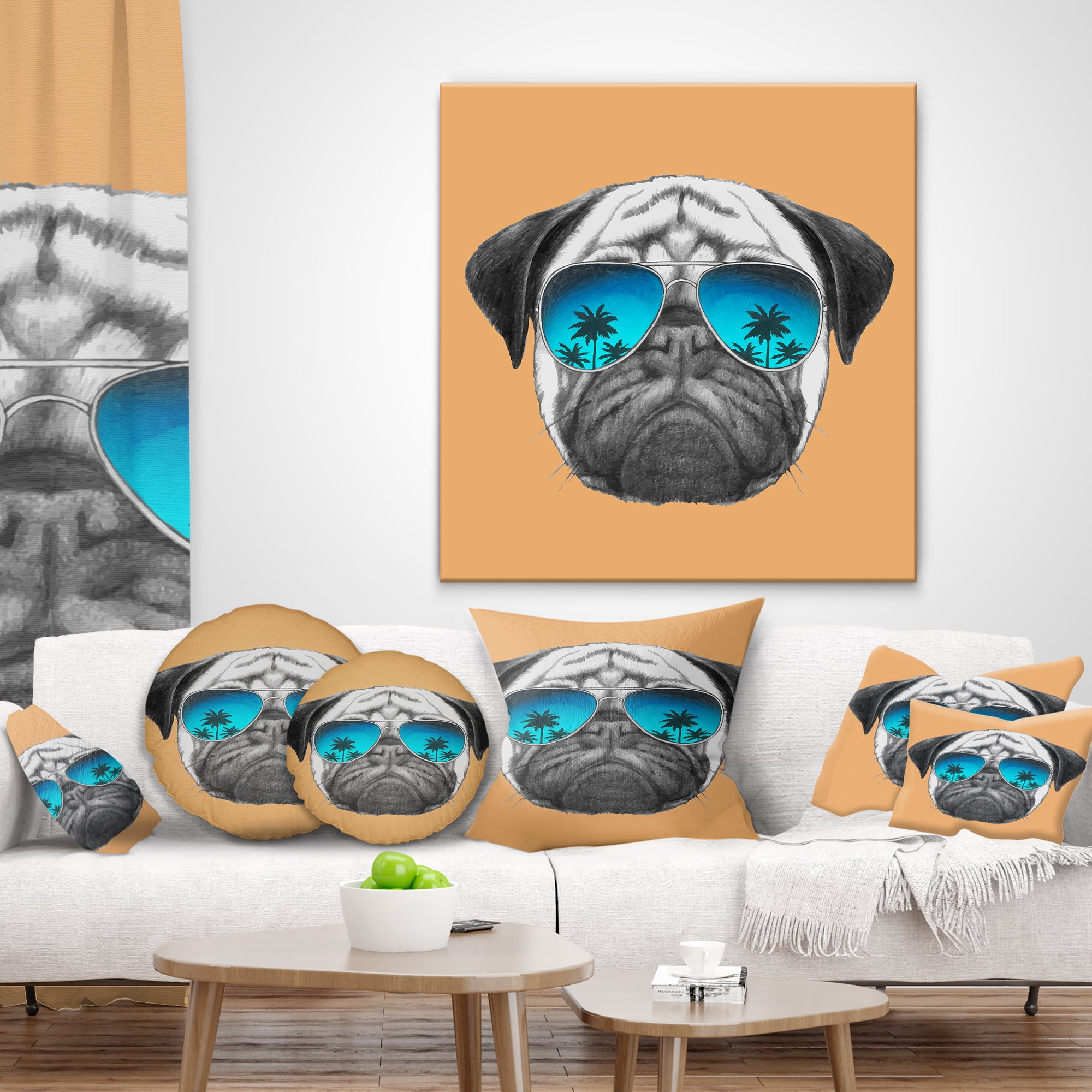 Designart Funny Dog with Blue Glasses - Animal Throw Pillow - 18x18