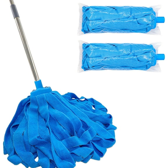 Screw On Microfiber String Mop, One Stainless Steel Pole   Two Blue Microfiber Cloth Mop Heads