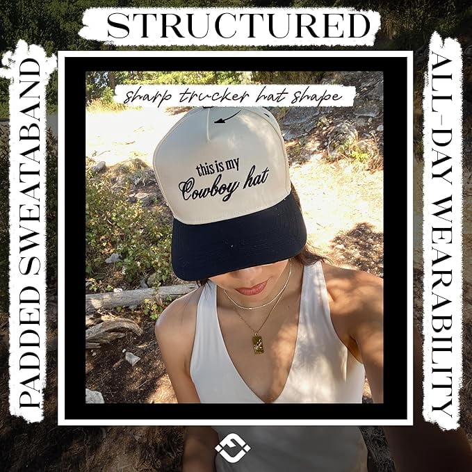 Funky Junque Two Tone Vintage Snapback Trucker Hat - This is My Cowboy Hat - Black/Beige